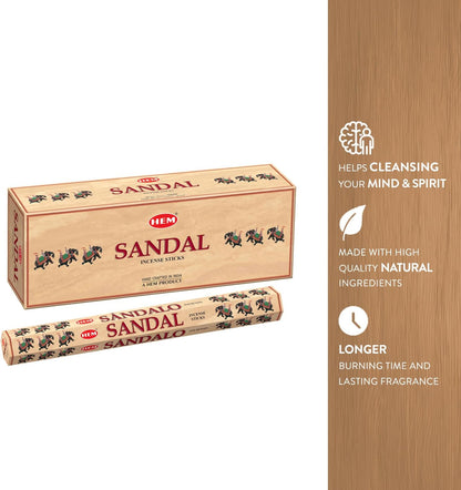 HEM Sandal Incense Sticks (Sandalo) – Pack of 6 (120 Sticks)